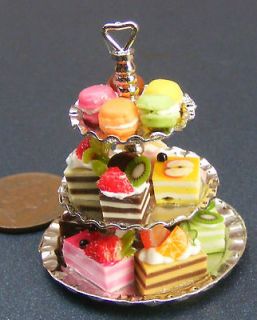 12 Scale Metal 3 Tier Cake Stand With Cakes Dolls House Miniature 