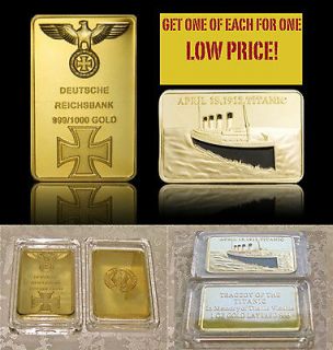   OZ. 24K GOLD LAYERED 3RD REICH AND TITANIC 100 YEAR ANNIVERSARY BAR