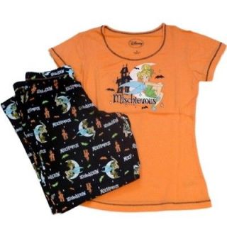   Juniors Womens Orange & Black Tinkerbell PJs Halloween Pajamas Capris