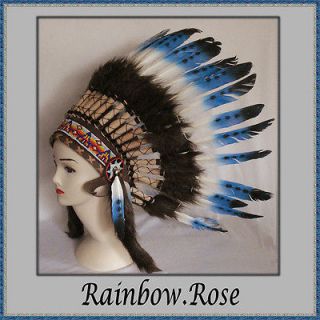 INDIAN CHIEF Headdress 55cm BLUE Dark Brown Fur Unisex Native American 