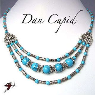 Pretty Tibetan silver turquoise 3 strand bead necklace