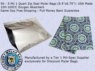 50   5 Mil 1 Quart Zip Seal Mylar Bags 100   100cc Oxygen Absorbers 