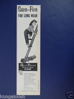   FIRE FOR LONG WEAR,GOLD RIVETS JEANS SALES AD, BOY ON A TOY FIRE TRUCK