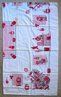   1950s pink gray red general store wood stove root beer tablecloth