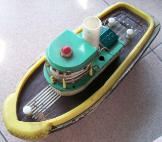 Vintage Tin Toy wood & plastic Boat 35 cm. in large battery operated 