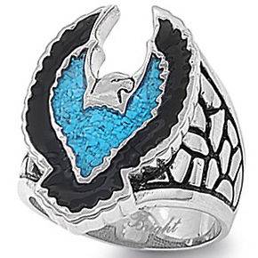   Steel Black Enamel Eagle Phoenix Turquoise Native Ring Size 9