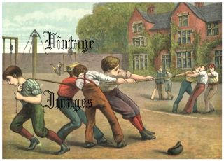 Boys Children Tug of War Game 301 Victorian Vintage Image Postcard