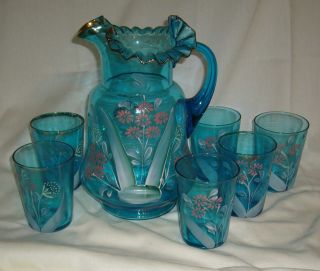   VICTORIAN HAND PAINTED DAISY BLUE GLASS WATER SET PITCHER & 6 TUMBLERS