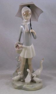 Retired Lladro Girl with Umbrella and geese ducks # 4510 porcelain 