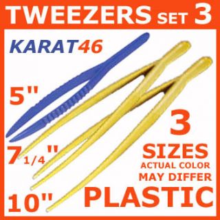 TWEEZERS PLASTIC 3 PC SET ASSORTED FORCEPS sizes 5 to 10 LONG strong 