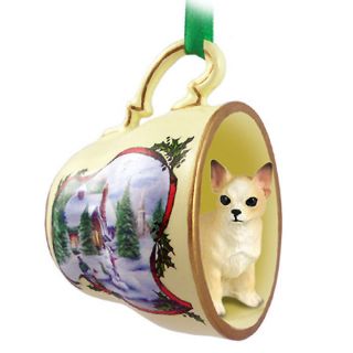 Chihuahua Dog Christmas Holiday Teacup Ornament Figurine White/Tan