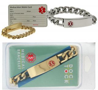 New DOC TOCK Stainless Steel or Gold Plated Medical Alert ID Bracelet