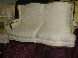 Mid Century White Damask Upholstered Loveseat Sofa Vintage Love Seat