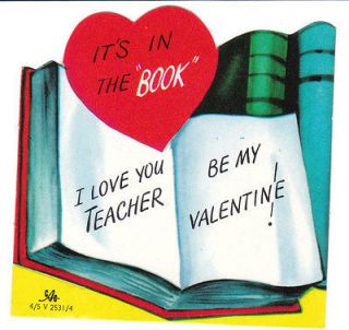 Vintage Valentine Card Teacher Its in the Book Books CAC Die Cut for 