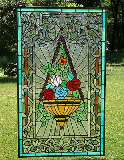 20 x 34 Tiffany Style stained glass window panel Jeweled flower 