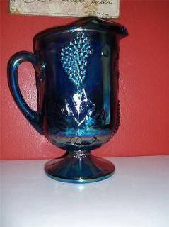 VINTAGE BLUE HARVEST CARNIVAL GLASS WATER PITCHER GRAPES AND LEAFS