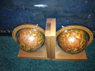 Vintage Old World Globe Wooden Bookends Set Pair Olde Book Ends Wood