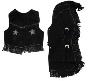Childrens Western Vest & Chaps Set Black or Brown Suede Leather, S, M 