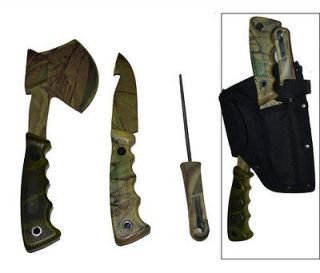 3Pc CAMO Knife Set Hunting Camping Knives Axe Knife Sharpener & Case