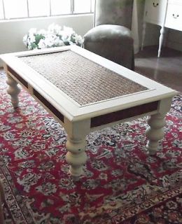 White Large Shabby Rattan & Wood Rectangle Coffee Table, Chunky Legs