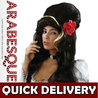 Amy Winehouse Black Beehive Rehab Wig with Rose Ladies Fancy Dress