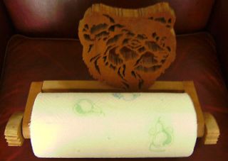 Rustic Wood Handcrafted Wall Paper Towel Holder Cut Out Bear Head Log 