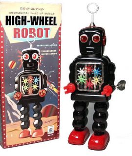 Wind Up Gear Robot High Wheel Black Schylling Tin Toys NEW
