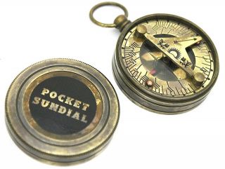 Antique Brass Ship Pocket Sundial Timer Compass & Rotating World Timer