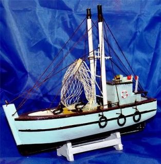 Hand Made WOODEN SEA FISHING BOAT MODEL ON STAND Trawler Nautical Ship 