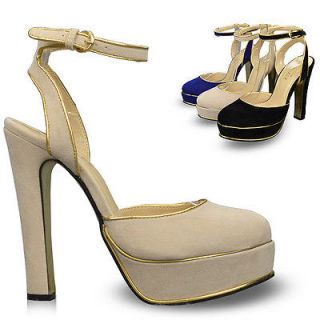 Ankle Strap Womens Shoes Platforms High Heels Sandals Pumps Beige US7 