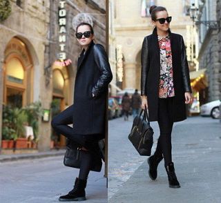 Womens Faux Leather Sleeves Splice Wool Blazer Jacket Coat Trench 