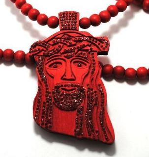   MENS ICE OUT RED CZ WOOD JESUS PIECE PENDANT WITH BEAD CHAIN NECKLACE