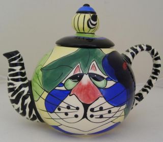 Cat Teapot Tea Pot Hand Signed Artist Lynda Corneille Character 
