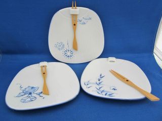 Lillian Vernon SUSHI PLATES Attached Wooden Fork Different Blue 