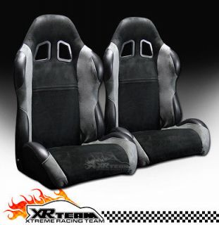 2pc Simulated Suede & PVC Leather JDM Blk & Grey Racing Bucket Seats 