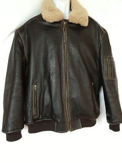 ROUNDTREE & YORKE Brown Leather Bomber JACKET Fur Motorcycle Mens 