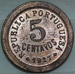 Portugal 1927 Five 5 Centavos Brilliant Uncirculated Tarnish 