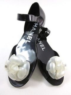 AUTH CHANEL Black Opaque CC Logo Camellia Jelly Ankle Strap Sandals Sz 