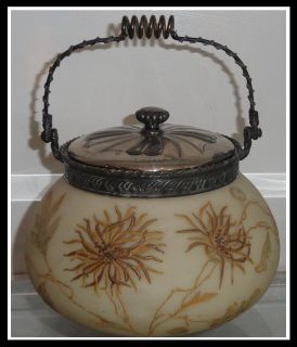 Rare Antique Signed Crown Milano Mt Washington Glass Biscuit Jar NR