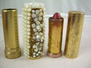 Tubes c1940 Fancy PEARL ENCRUSTED Lipstick & TANGEE Red Majesty Geo 