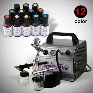   Colors Cake Decorating Kit w/ 3 Airbrush Air Compressor Dual Action