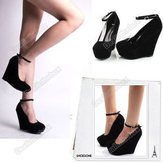 Black Womens GIRL dress wedge buckle strappy platform high heel shoes 