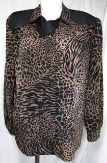 Jordan Leopard Top/Blouse 11/12 Button Front Faux Leather Trim Long 