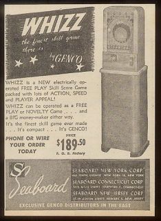 1946 Genco Whizz arcade game machine print ad