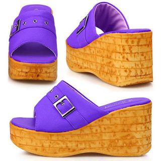 New Womens Comfort High Heels Slides Platform Shoes Sandals Purple US 