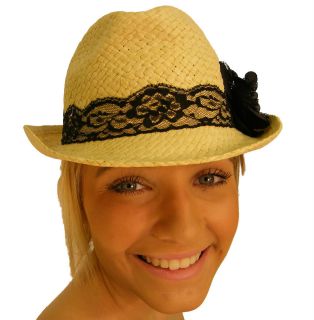 NEW Ladies Straw Trilby Hat with Lace detail and Bow