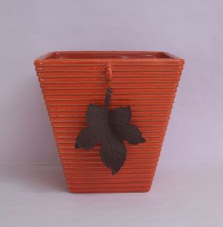 Autumn Orange Ceramic Planter Flower Pot Leaf FTD Fall Decor