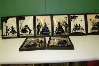 Antique Victorian Lot of 8 Silhouette Reverse Paintings on Bubble 