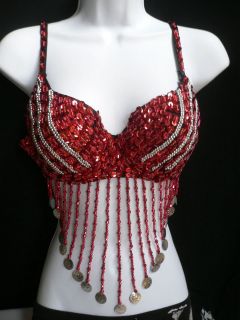   RED SILVER SEXY FASHION BRA BELLY DANCE SEQUINS TOP BRALET CLUBWEAR