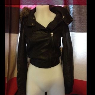 Topshop Fur Trimmed Hooded Leather Jacket Size UK 6/US 2